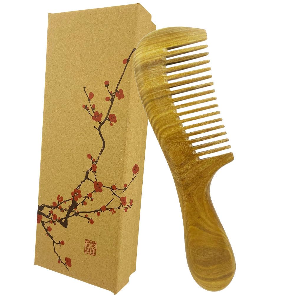 100% Natural Green Sandalwood Hair Combs Wood Wide Tooth Hair Detangler Wooden AntiStatic Comb Long Handle Scalp Massager with 