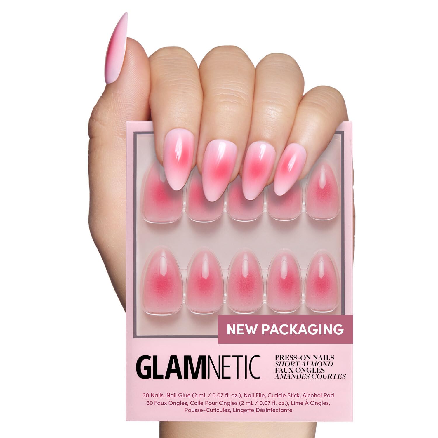Glamnetic Press On Nails - Blushing Aura | Short Almond Trendy Pink with Ombre Center Nails in a Glossy Finish | 15 Sizes - 30 N