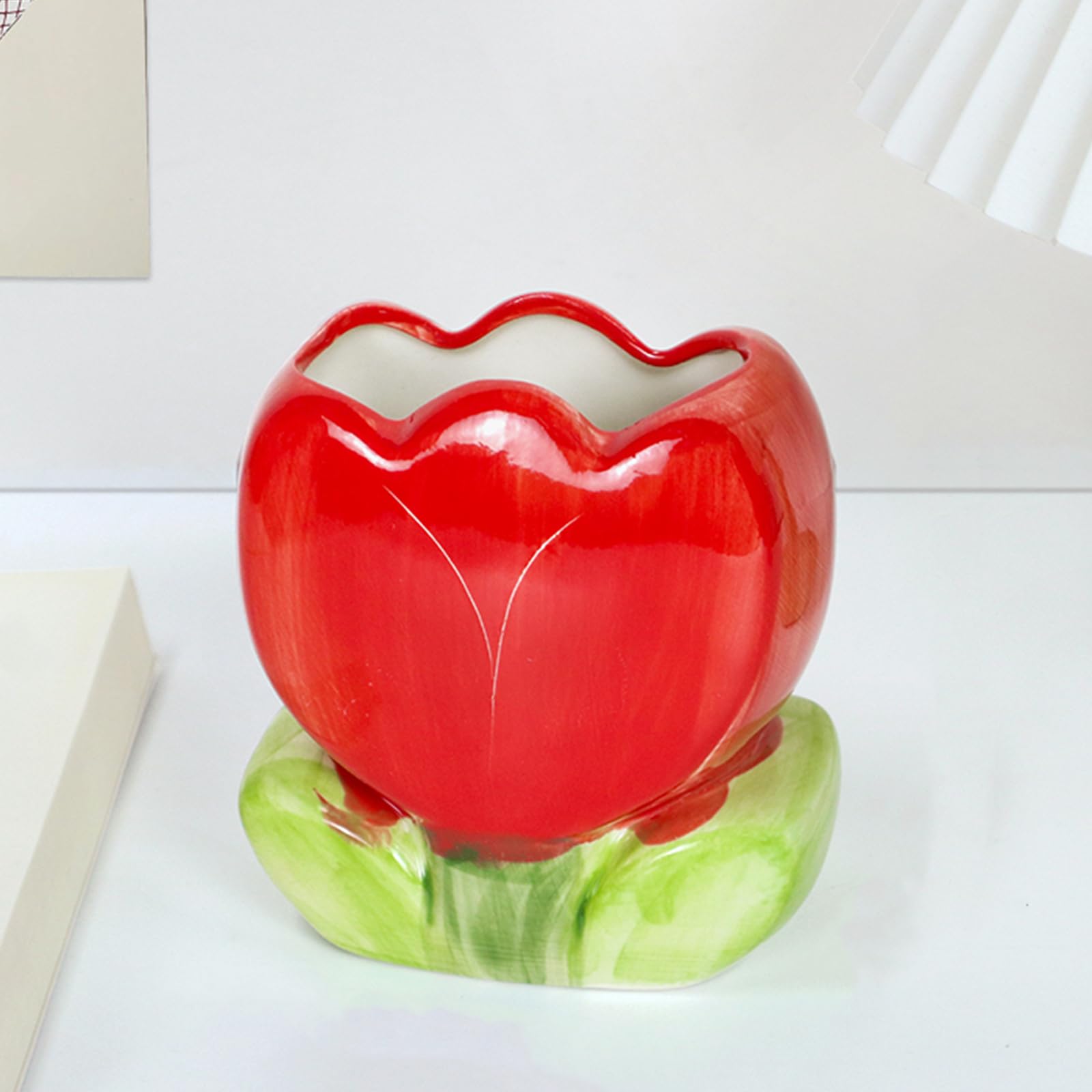 TANG SONG Ceramic Tulip Make up Brush Holder Flower Cosmetic Storage Box Pen and Pencil Holder Desktop Organizer (Red)