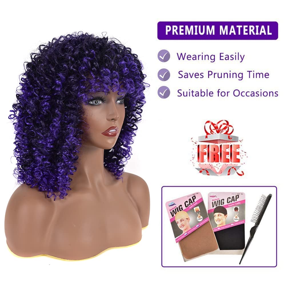 YEAME Curly Wigs for Black Women - Curly Afro Wig with Bangs Purple Mixed Blue Synthetic Hair Afro Curly Wigs with 1 Wig Comb an