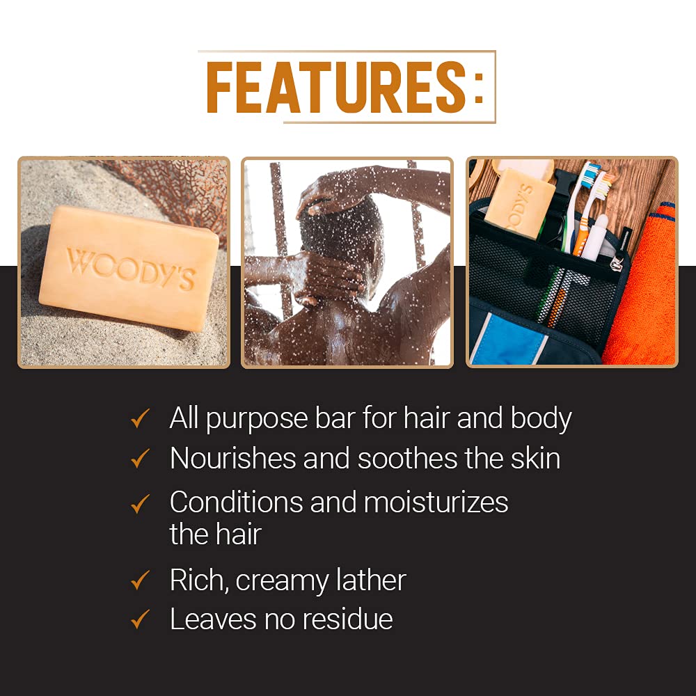 Woodys Hair Shampoo & Body Bar For Men, 2-In-1 Bar Soap For Hair, Face, And Body, Rich And Thick Lather Formula, Conditions, Nou