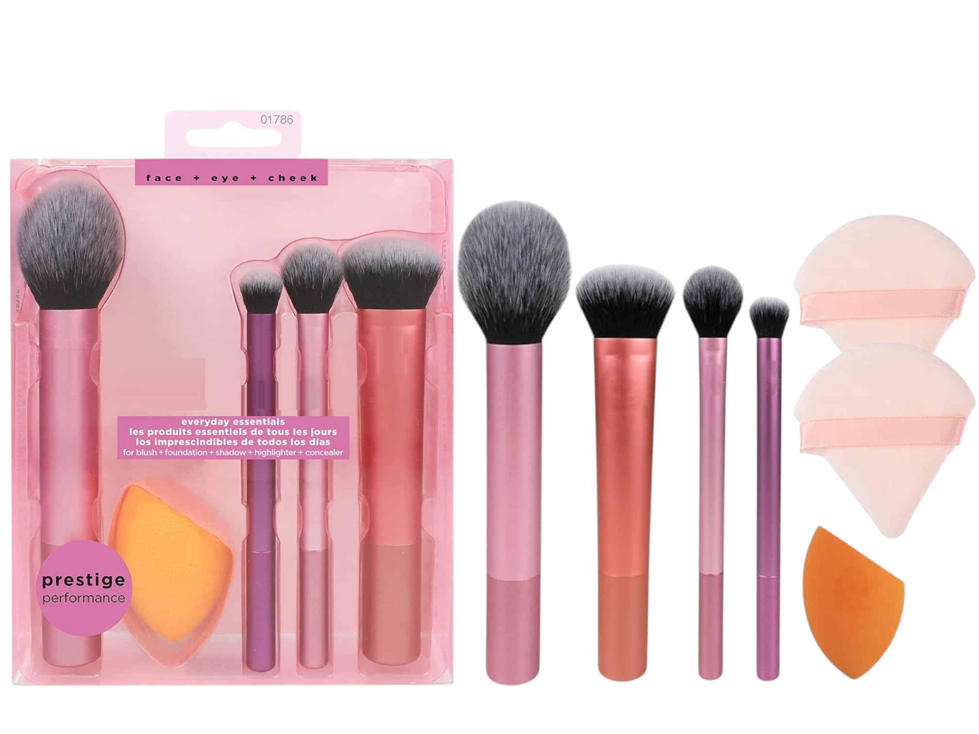 La Venust 7Piece Everyday Essentials Makeup Brush Set  Includes 4 Brushes, 1 Blending Sponge & 2 Triangle Powder Puffs For Fou