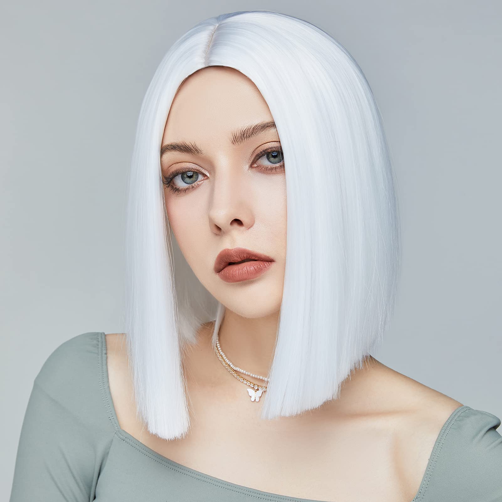 Entranced Styles White Wig Short Bob Wigs For Women 12Inch Heat Resistant Middle Part Straight Synthetic Wig Party Costume Hallo
