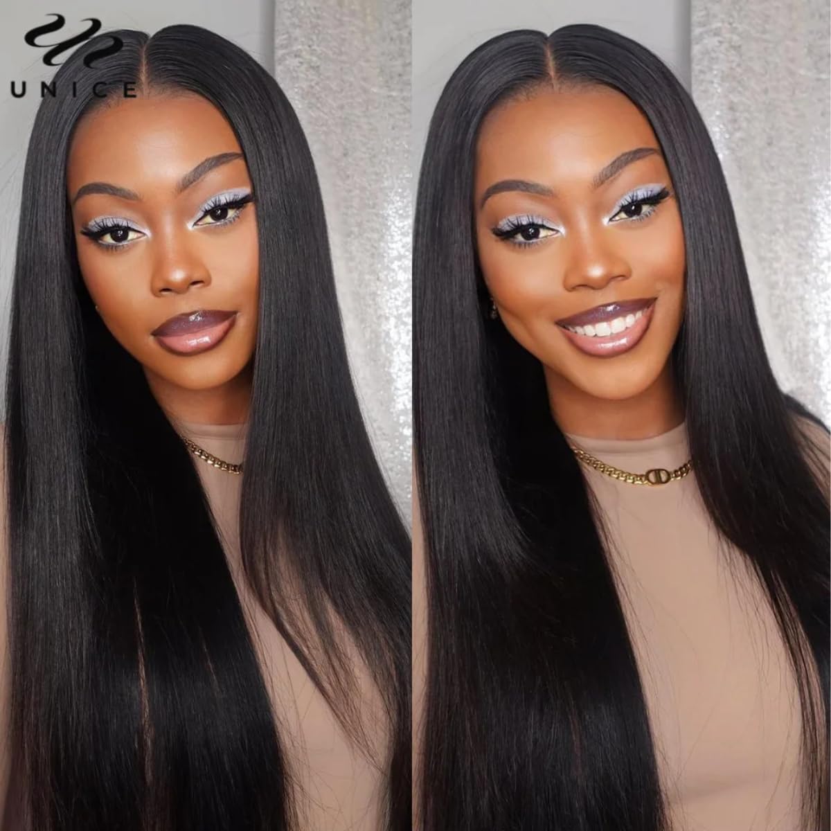 UNICE Kinky Straight V Part Wig - 20 Inch Human Hair, No Glue, Beginner Friendly, V-Part Black Wig