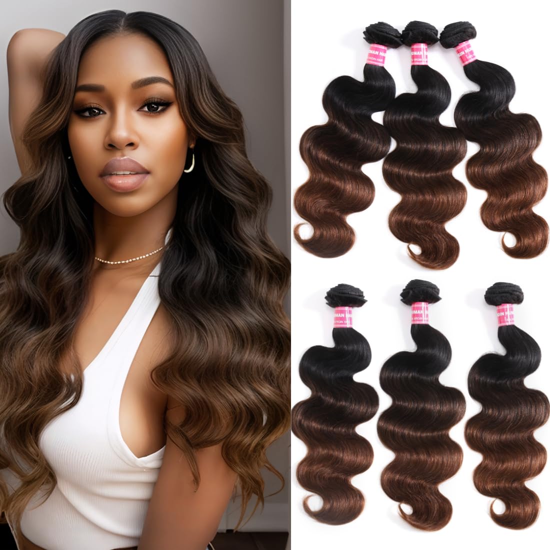 UNICE Chestnut Brown Ombre Body Wave Human Hair Weave 3 Bundles 18 20 22 inch Brazilian Remy Human Hair Wavy Sew in Human Hair E