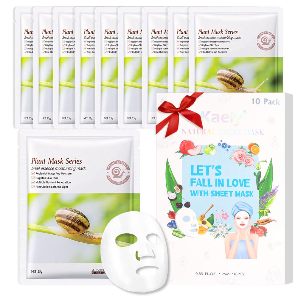 Kaely 10 Pack Snail Serum Sheet Masks,Hydrating Smoothing Face Masks For Women Men,Facial Mask Skin Care Korean,Moisturize,Brigh