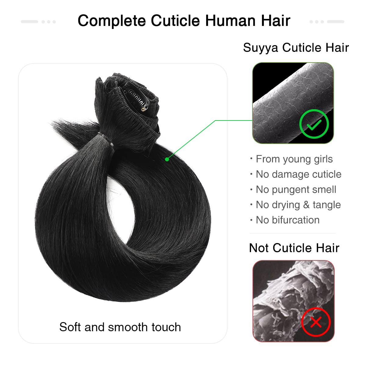 SUYYA Clip in Hair Extensions Real Human Hair,Jet Black Clip in Hair Extensions Human Hair Straight Hair Extensions Clip ins Dou