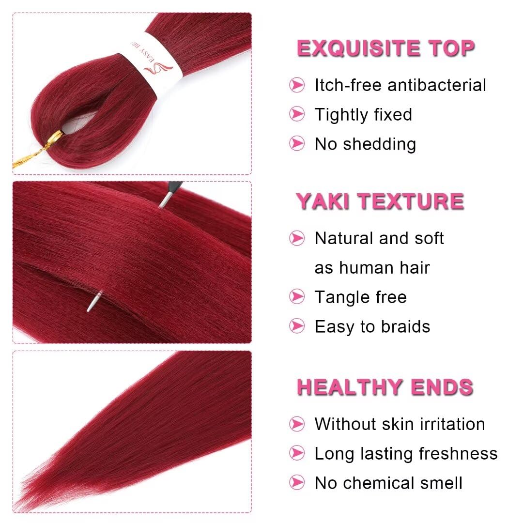 34Inch Long Braiding Hair Pre Stretched 6 Packs 110G/Pack Burgundy Easy Braids Yaki Texture Synthetic Prestretched Crochet Hair