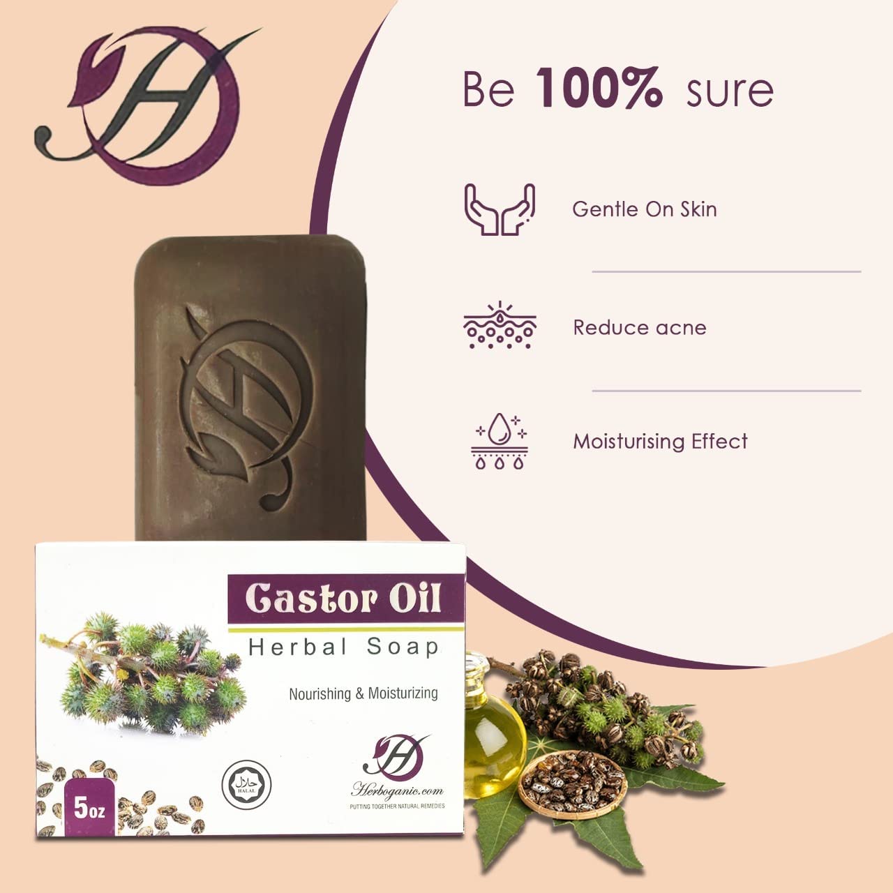 HERBOGANIC Castor Oil Herbal Soap | 3 Pack Natural Bar Soap for Face and Body | Nourishing and Rejuvenating | Infused with Casto