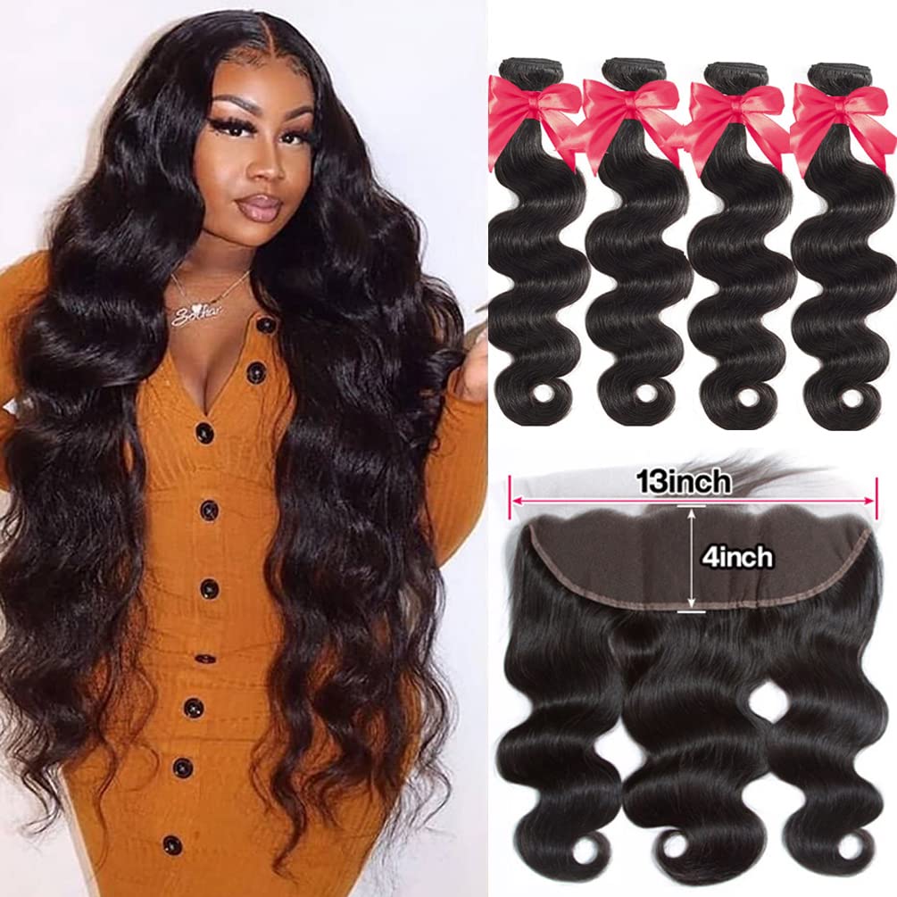 Human Hair Bundles with Frontal (14 16 18 20+12, Natural Black) Brazilian Virgin Body Wave Human Hair 4 Bundles with 13 * 4 Lace