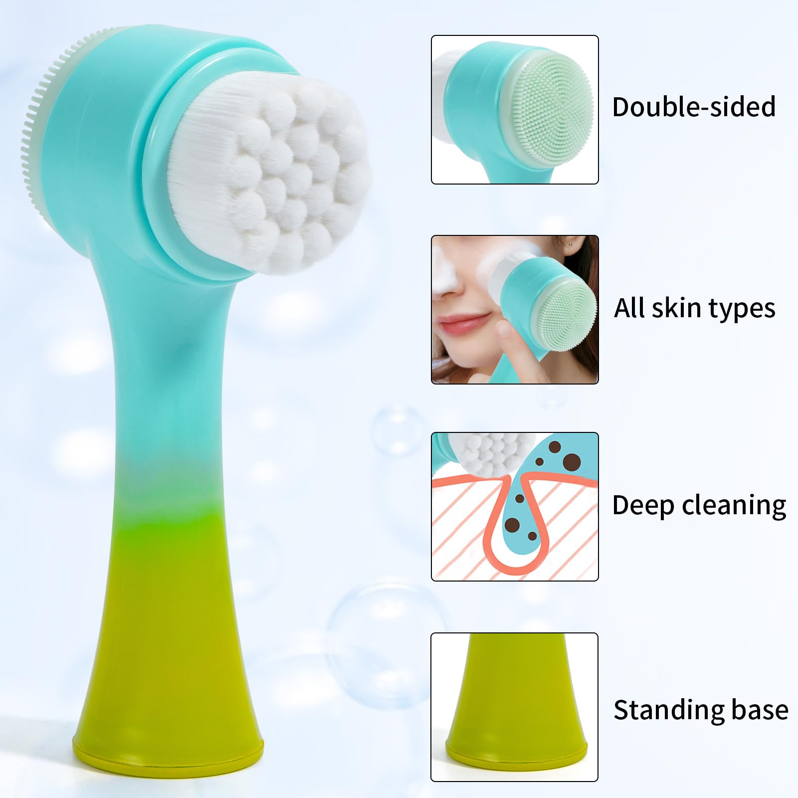 Beomeen Face Brush 2 In 1, Silicone Facial Cleansing Exfoliating Brush Soft Bristles Pore Deep Cleansing Manual Dual Face Wash S