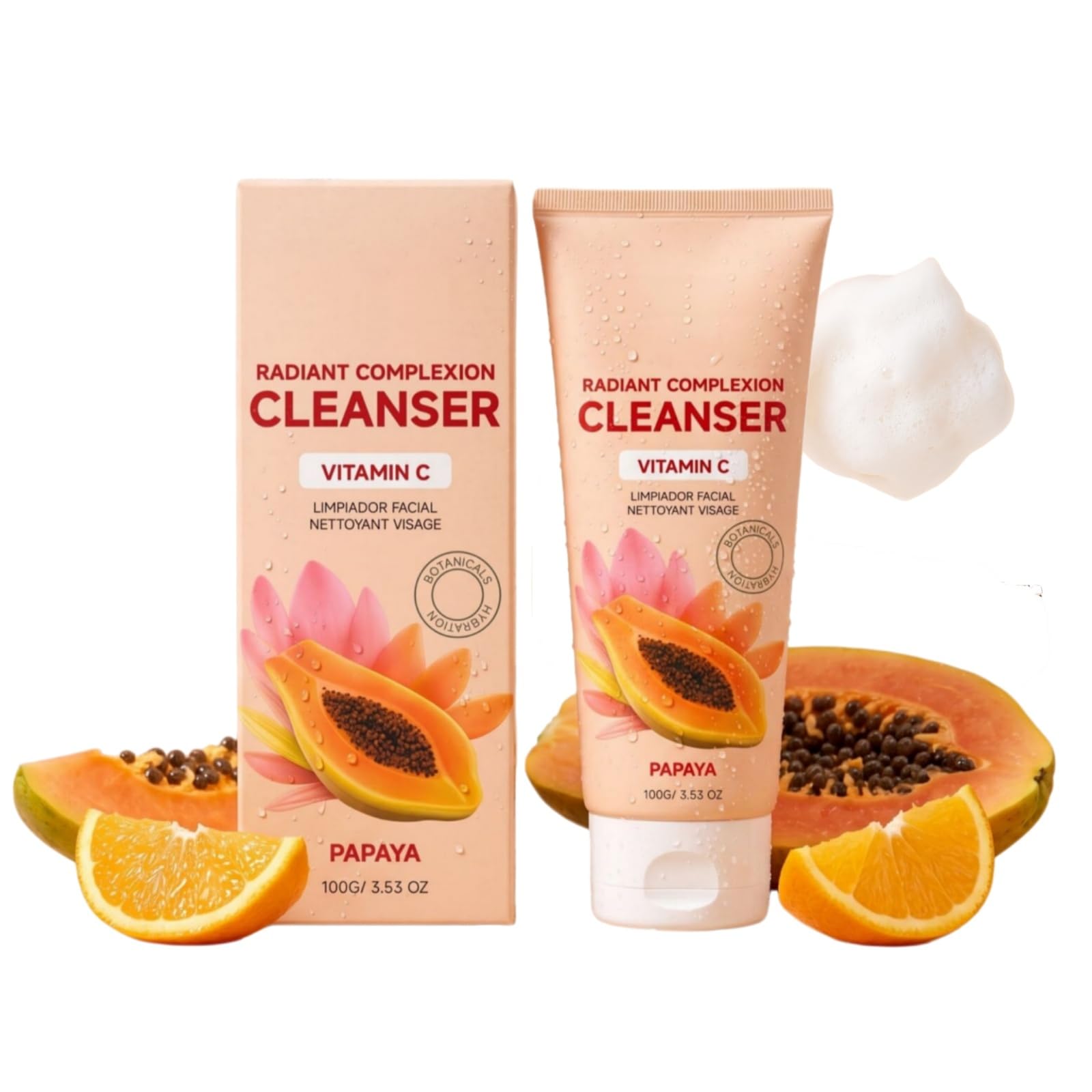 Papaya Vitamin C Facial Cleanser, Gentle Cream Foaming Face Wash, Deep Cleansing Daily Use Face Wash for Women, Rich Foam Hydrat