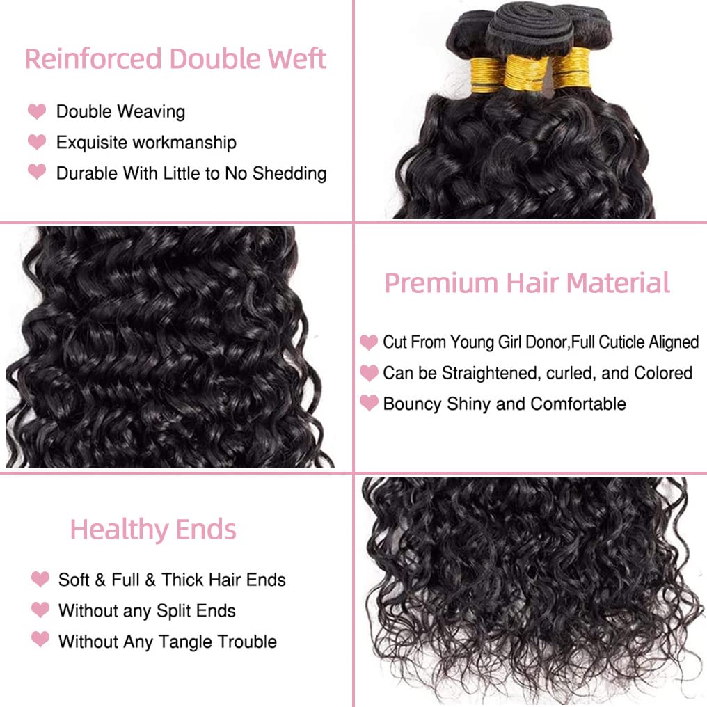 Menalue Human Hair Bundles with Closure, 12 14 16+10, Water Wave, 10A Brazilian Virgin Hair, Double Weft, Natural Color