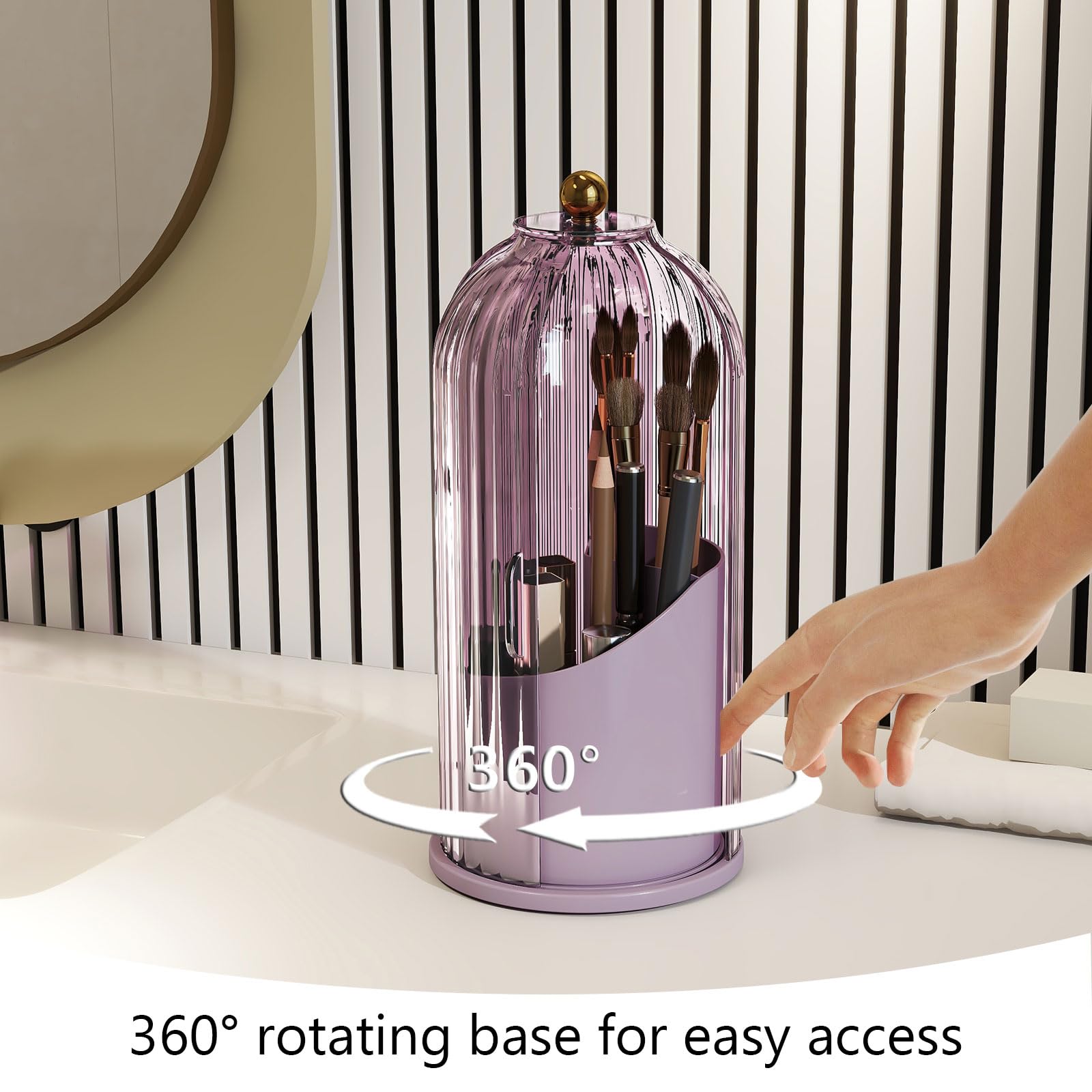 Emljkvp Makeup Brush Holder With Dustproof Cover 360 Rotating Makeup Brush Organizer For Vanity Bathroom, Pink