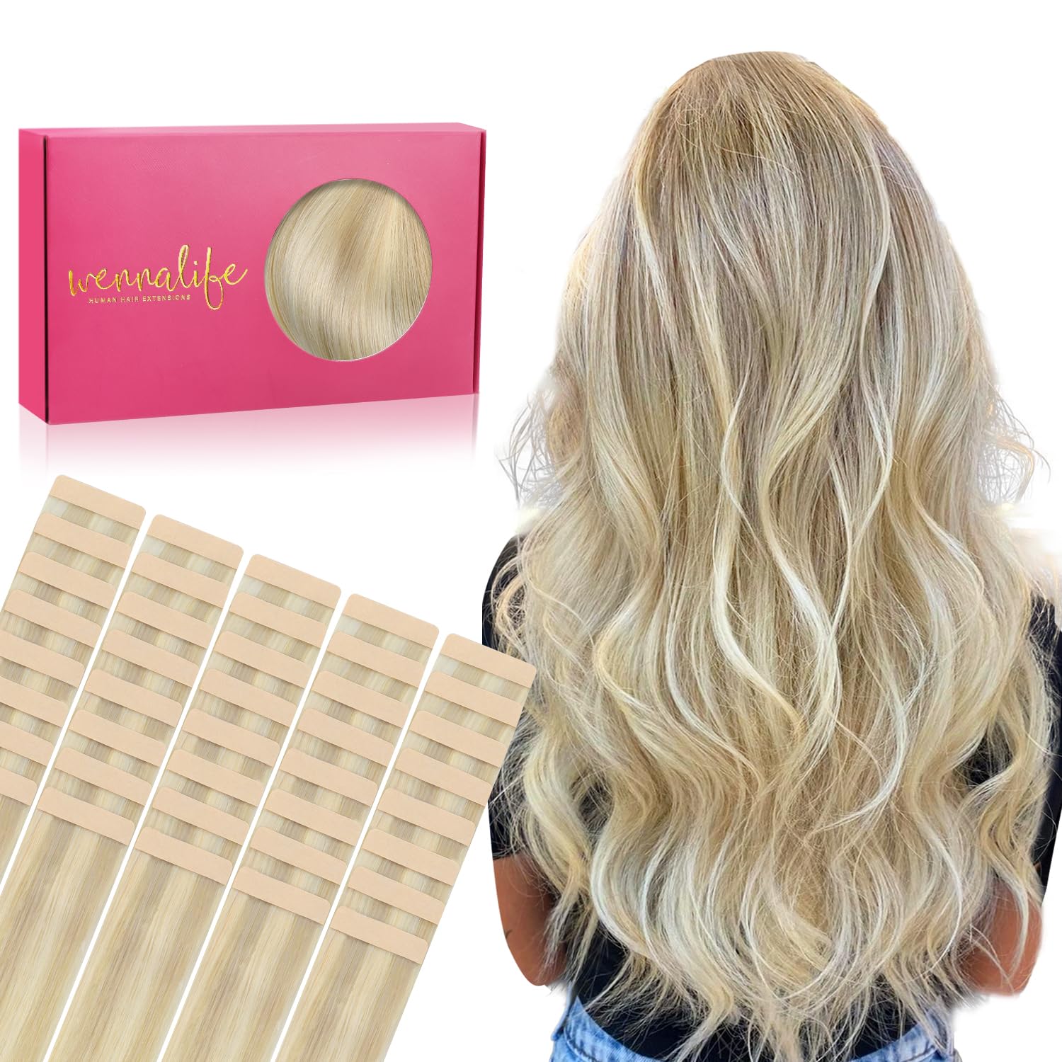 Wennalife Tape In Hair Extensions Human Hair, 40Pcs 60G 10 Inch Ombre Ash Blonde To Golden Blonde Balayage Platinum Blonde Hair