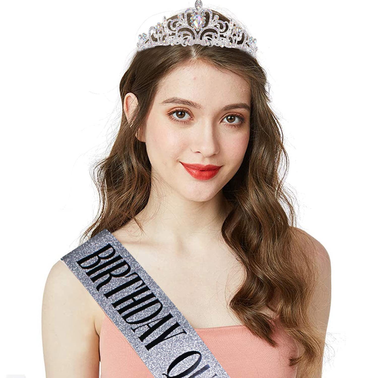 'Birthday Queen'' Sash & Crystal Tiara Kit Cocide Birthday Silver Tiara And Crowns For Women Sash For Girls Pink Birthday Decor