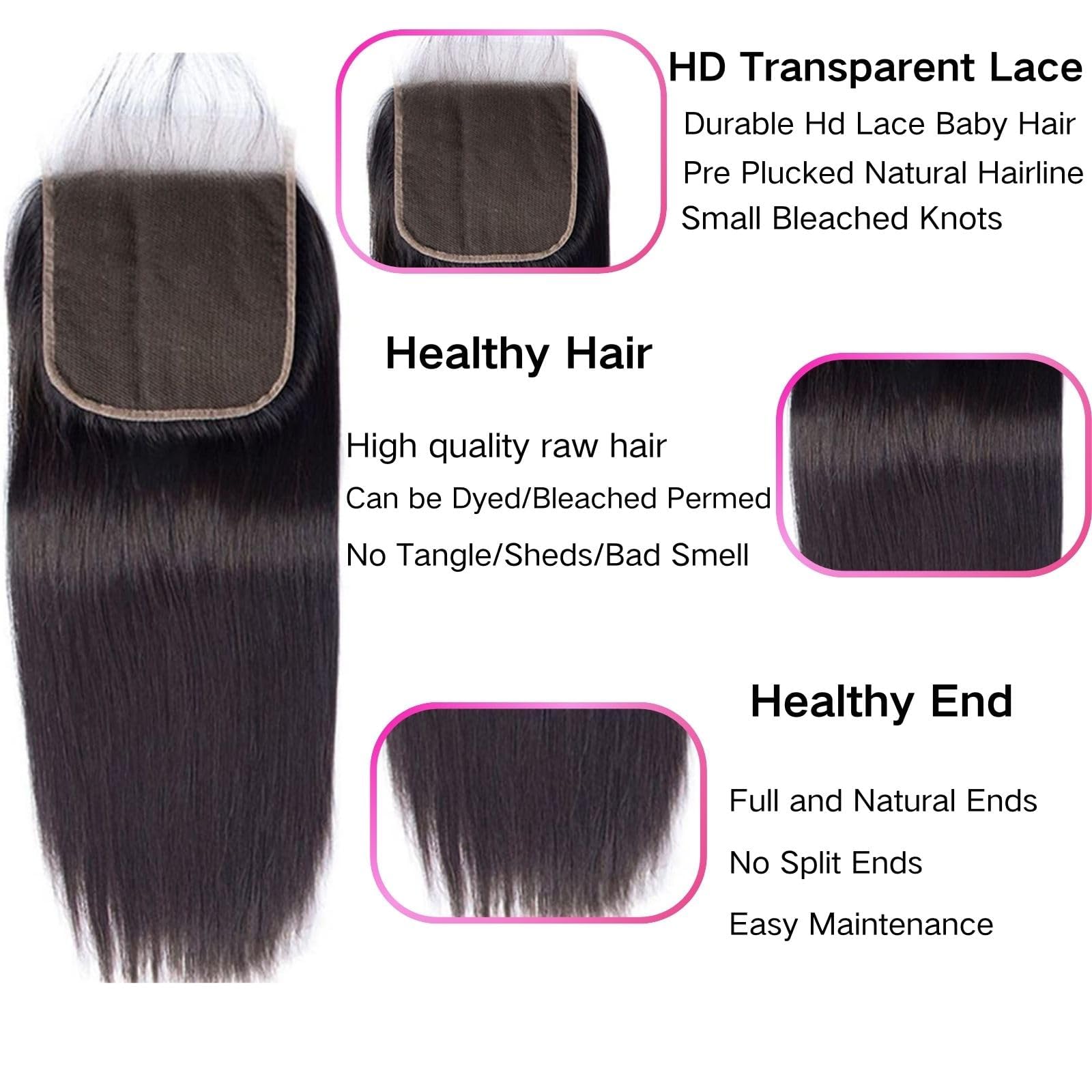 Selina Straight 4x4 HD Lace Closure Human Hair Brazilian Virgin Hair Free Part Natural Black Color 14 Inch