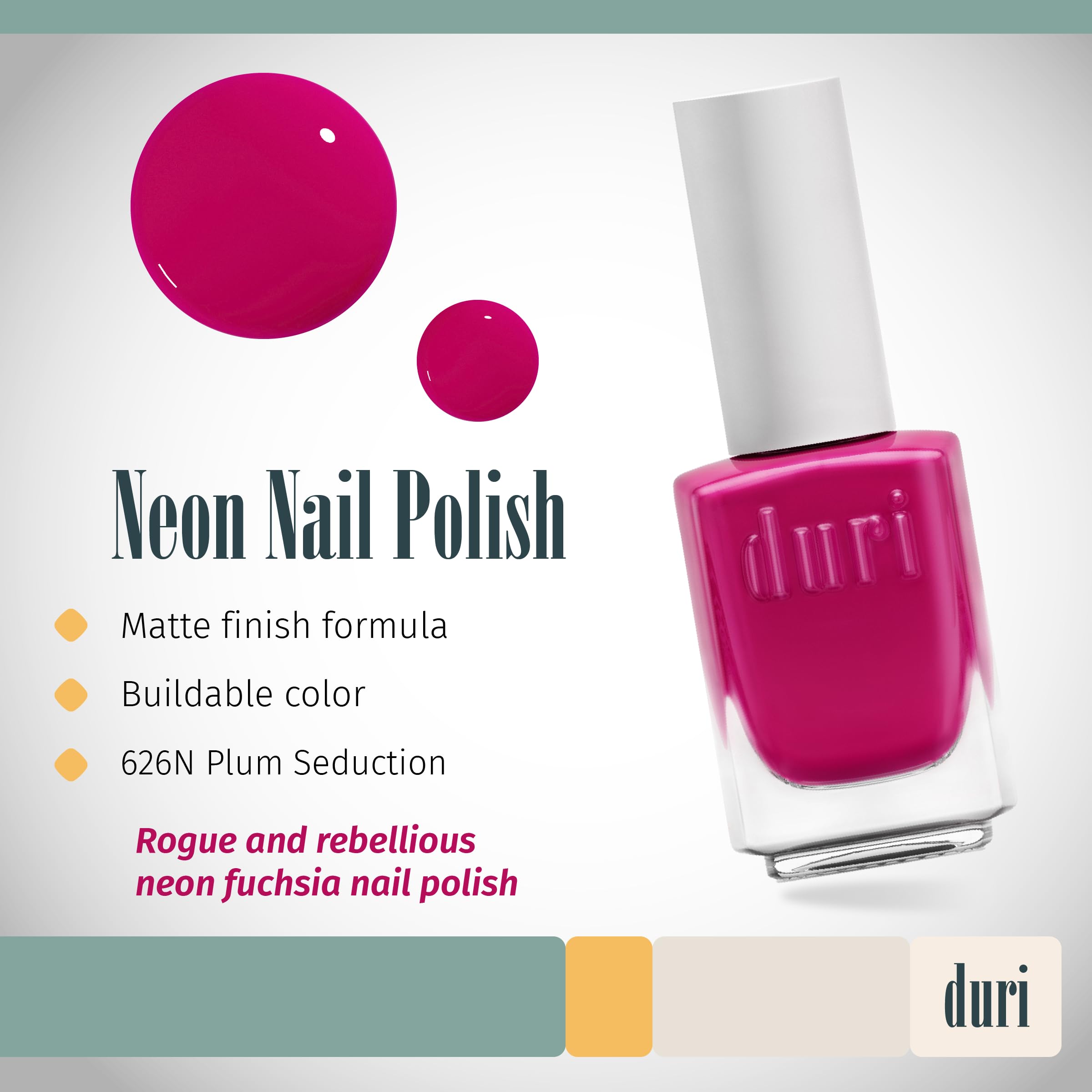 Duri 626N Plum Seduction, Neon Fuchsia Nail Polish, Full Coverage, Matte Finish, Lasting, 0.45 Fl Oz