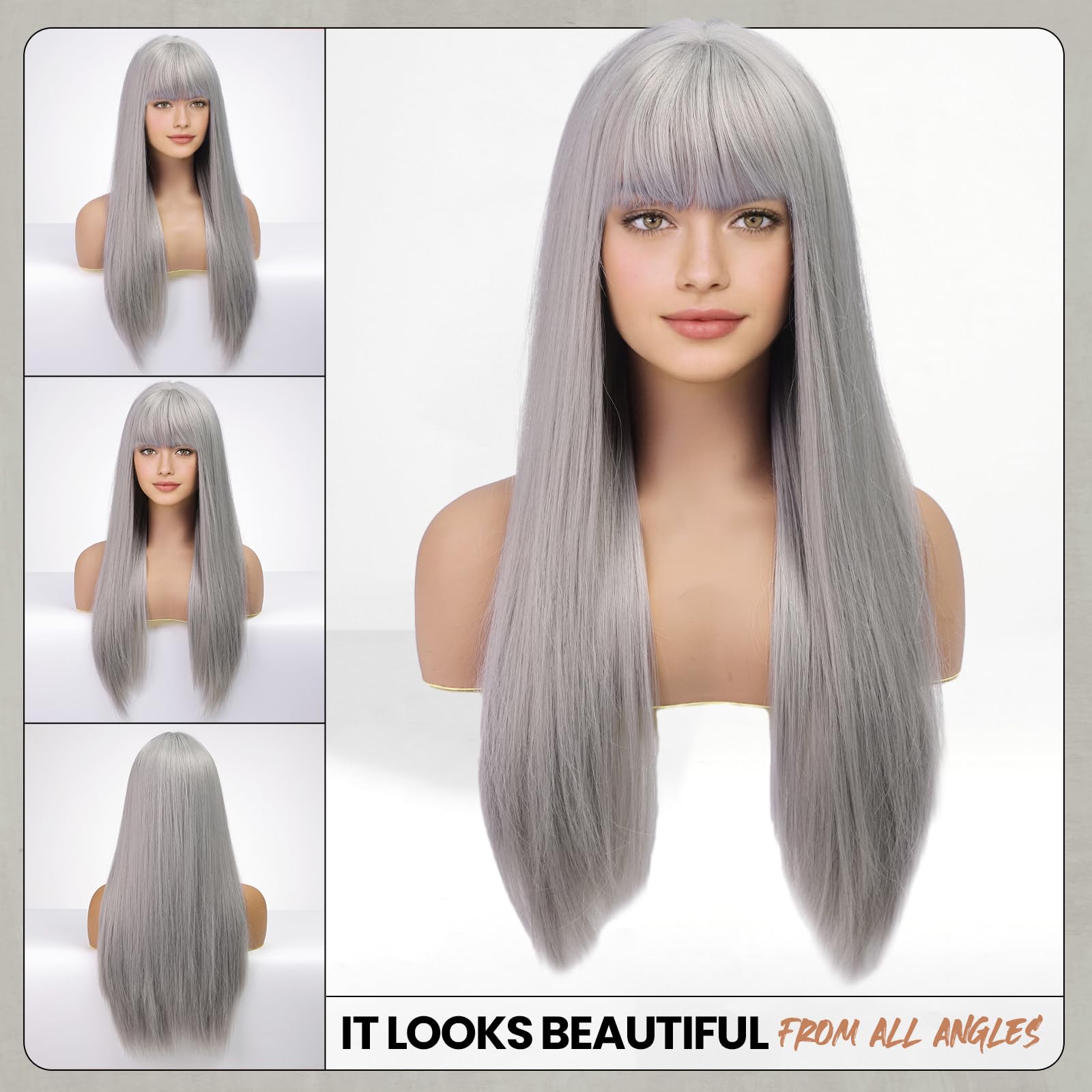 Emmor Grey Wig With Bangs For Women Long Straight Wigs Synthetic Layered Hairstyle For Girls Party Cosplay And Daily Use(26'' Si