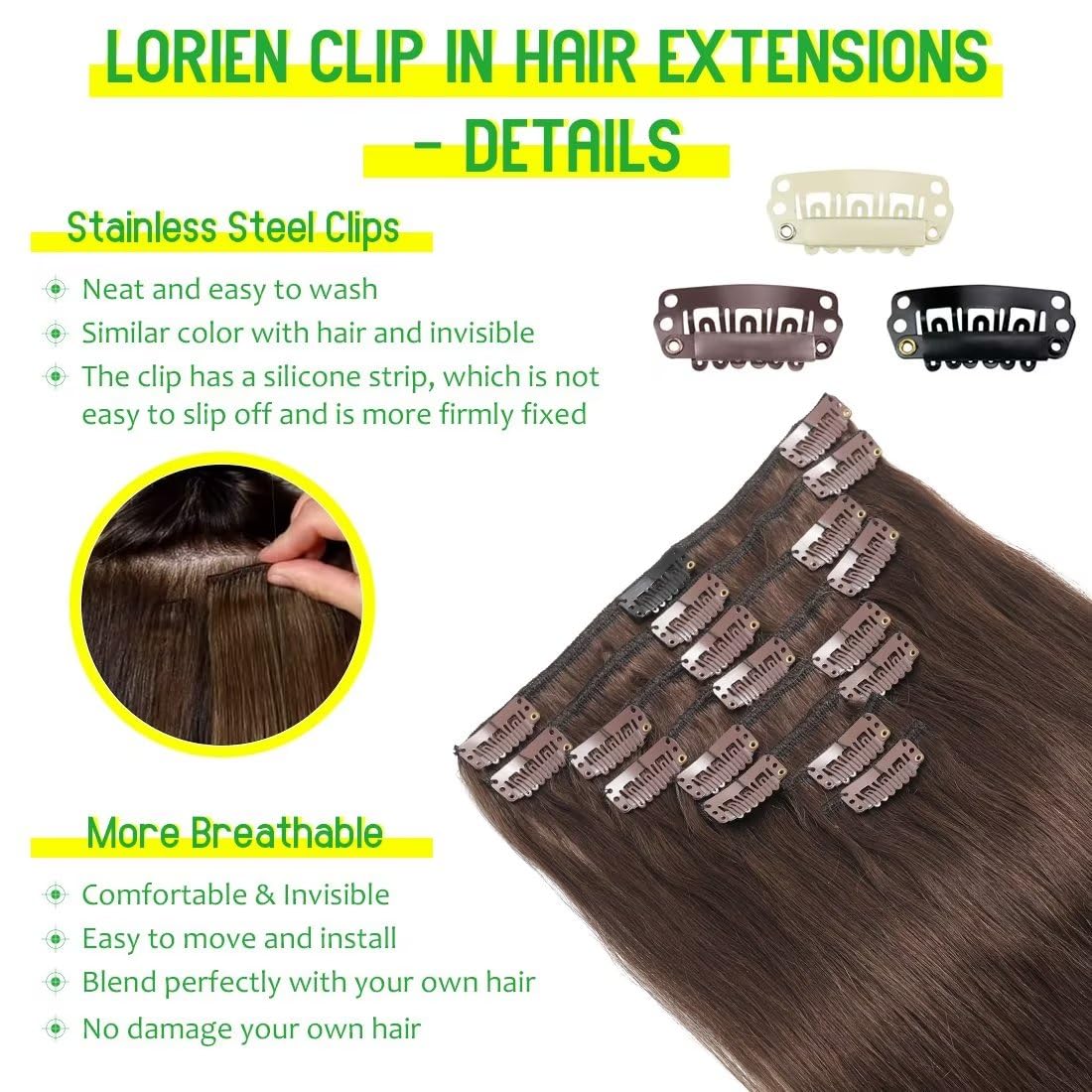 Lorien Clip In Hair Extensions Real Human Hair, 22 Inch 110G, 4 Dark Brown, Clip In 100% Brazilian Remy Human Hair Extensions 8P
