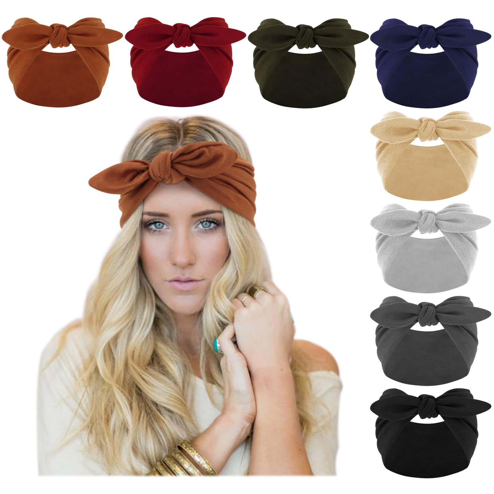 DRESHOW 8 Pack Bow Headbands of Solid Color for Womens Hair Non Slip Wide Vintage Head Wraps Knotted Cute Hair Band Accessories