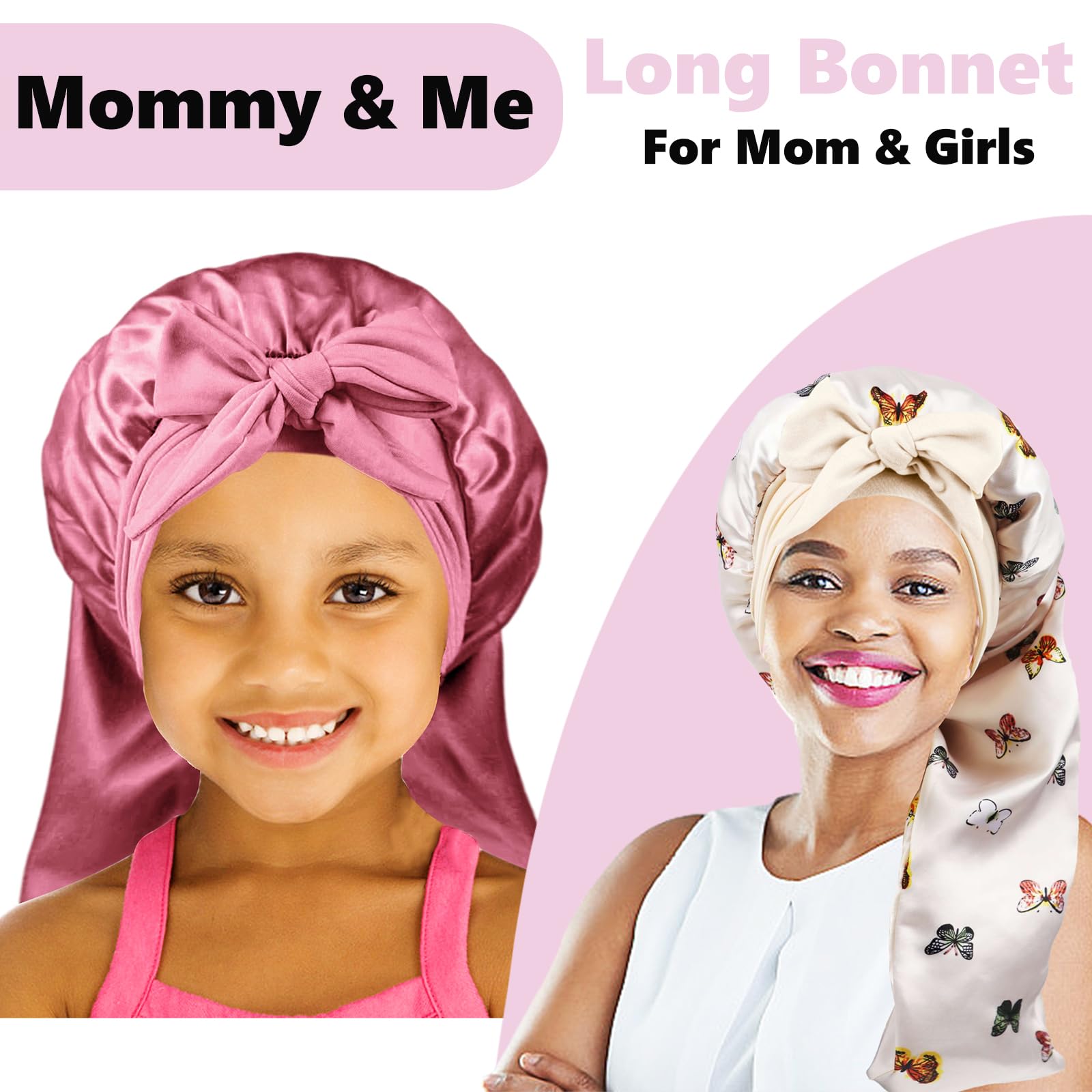 Long Kids Bonnets For Girls,Bonnet For Sleeping Kids,Satin Bonnet For Kids Braids,Curly Hair (Rose Gold)