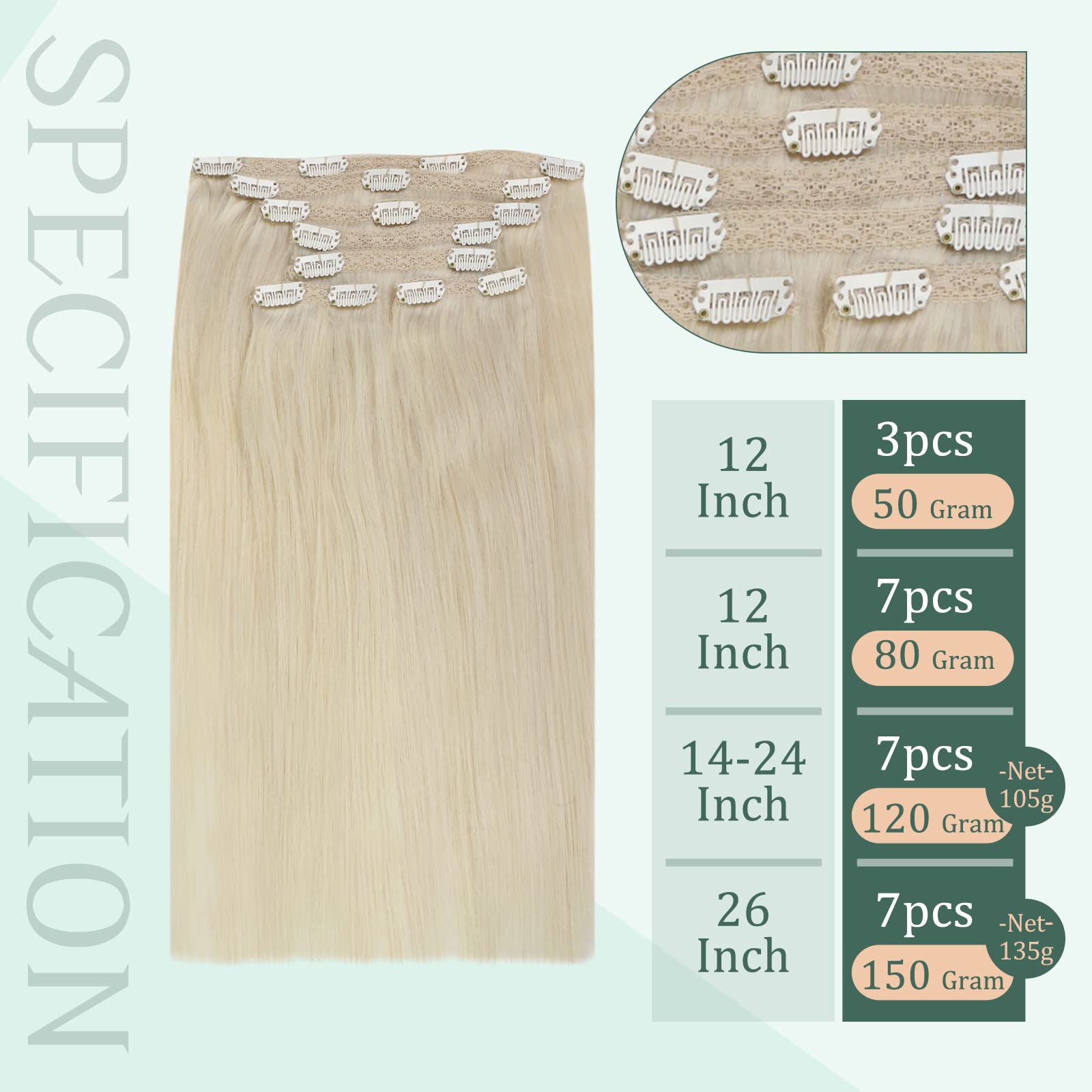 Clip In Hair Extensions Real Human Hair, Fshine 14 Inch 120G Thick Seamless Hair Extensions Clip In Human Hair Platinum Blonde S