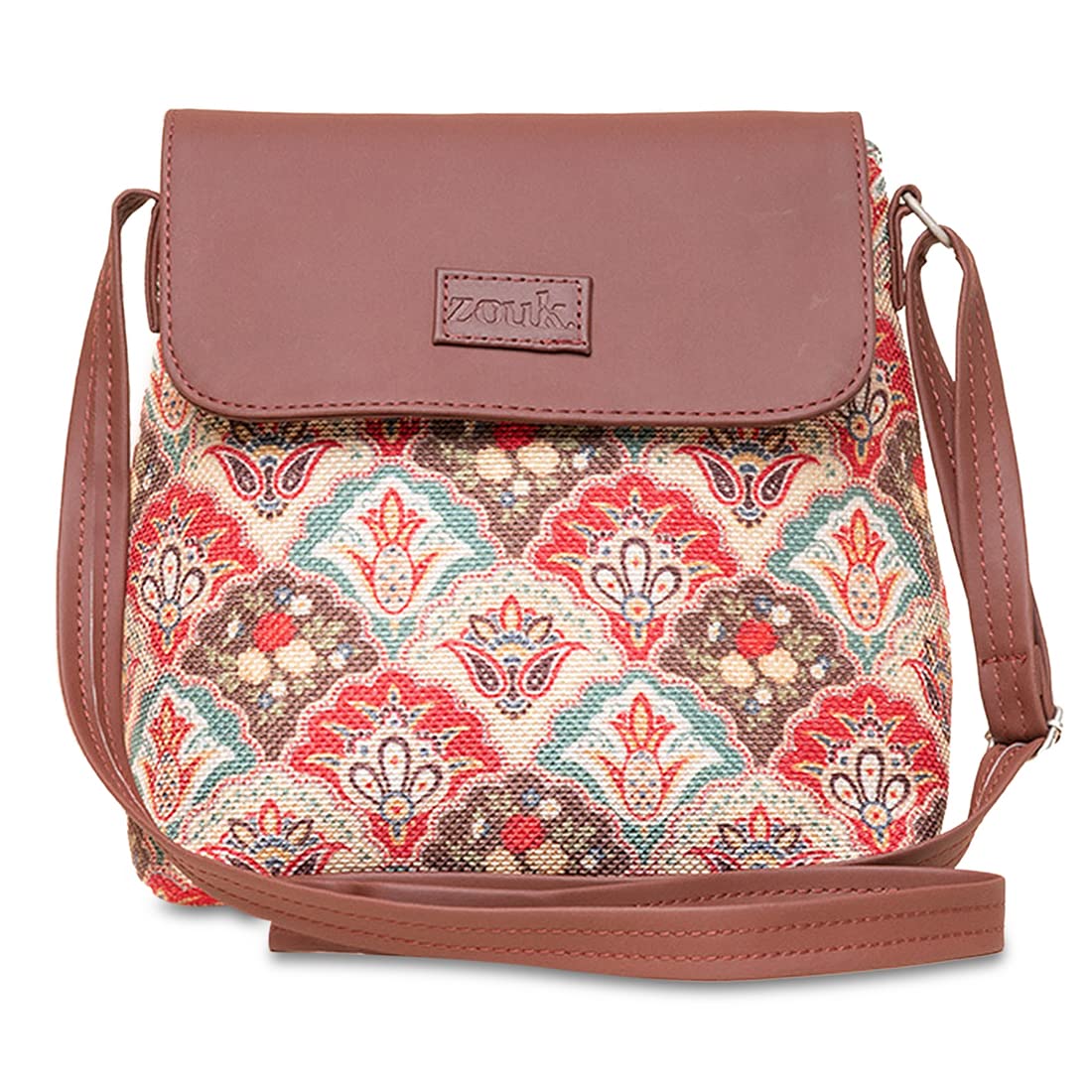 ZOUK Mughal Art Multicolor Motif Printed Womens Hand Crafted Vegan Leather Multicolour Flap Sling Bag