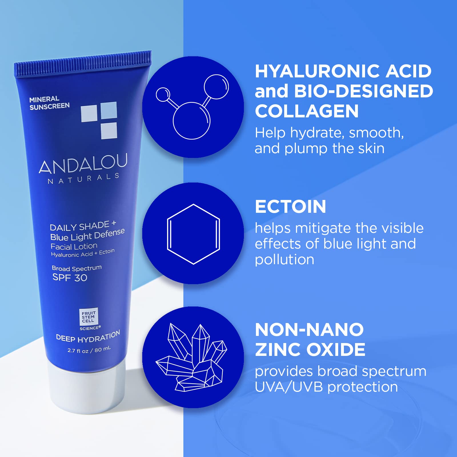 Andalou Naturals Face Sunscreen, Spf 30 Daily Shade + Blue Light Defense Facial Lotion, Broad Spectrum Protection, Deeply Hydrat