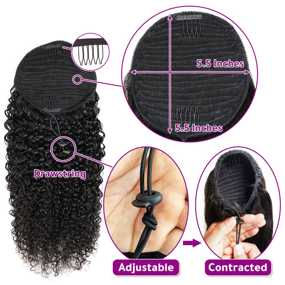 Adette 18 Inch Curly Ponytails Human Hair Drawstring Ponytail Extension Kinky Curly Clip In Pony Tail Hair Extensions Hair Piece
