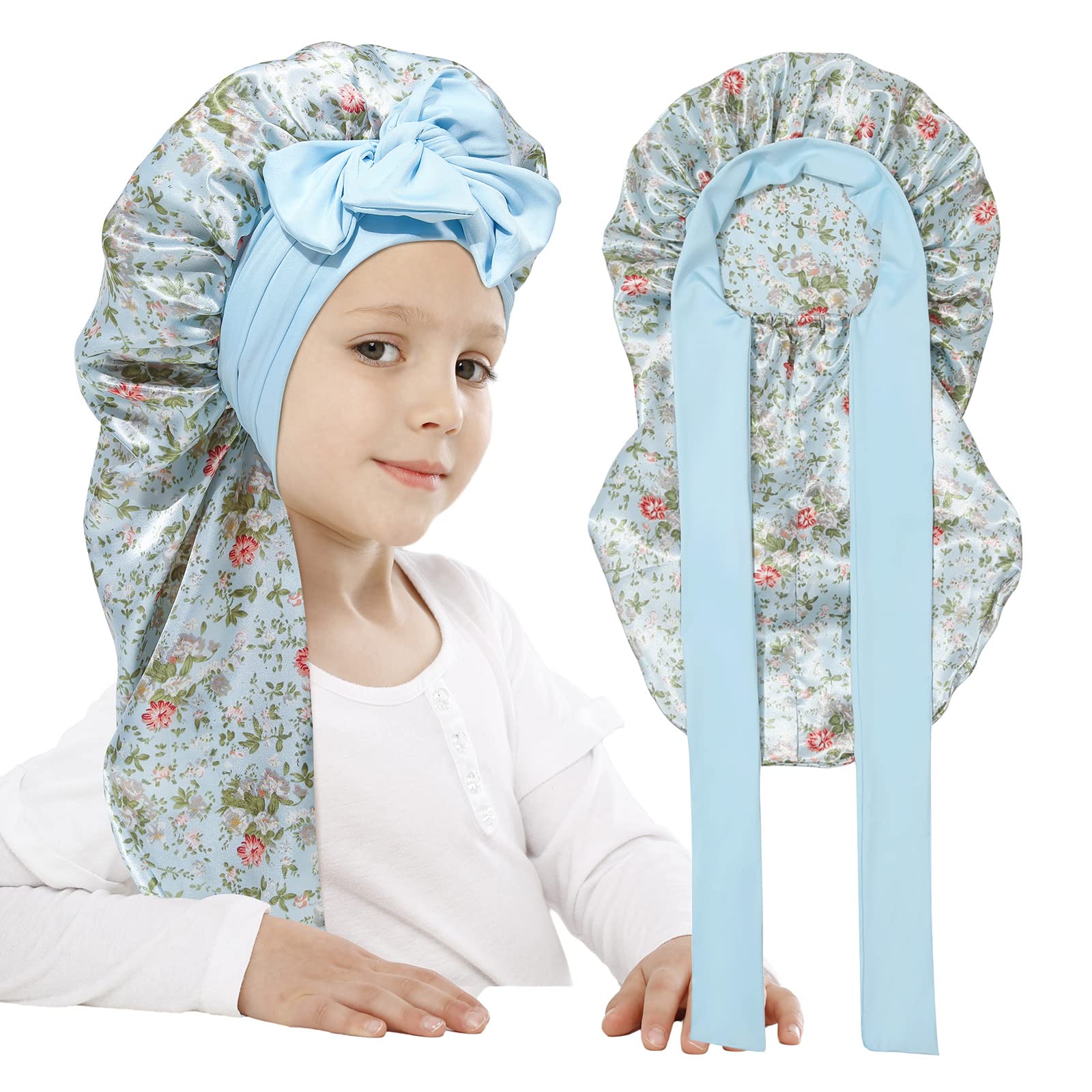 AWAYTR Long Toddler Silk Bonnet for Sleeping Elastic Satin Bonnets for Curly Hair Braid Bonnet Night Cap for Aged 3-12 Kids (Flo