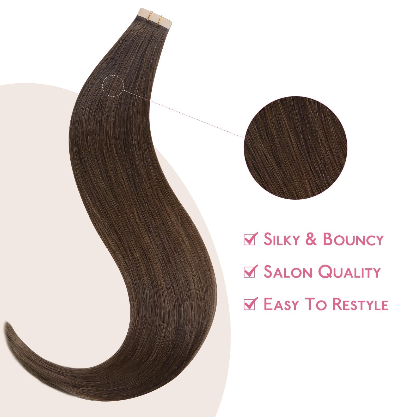 Wennalife Tape In Hair Extensions Human Hair Chocolate Brown Tape In Extensions, 10Pcs 30G 22 Inch Remy Invisible Tape Ins Strai
