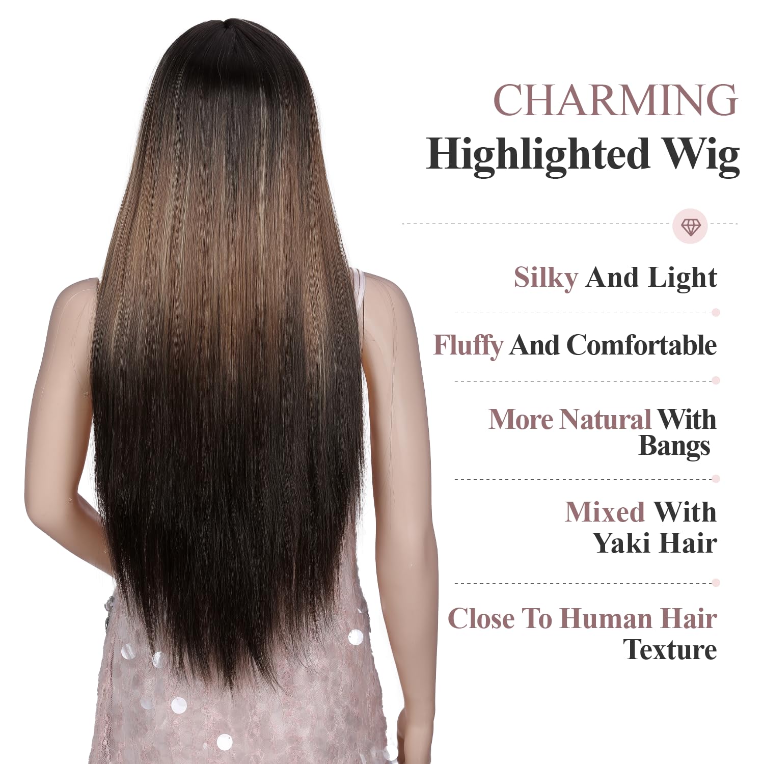 Wiger Straight Dark Brown Wigs With Bangs For Women Highlighted Ombre Long Straight Hair Wig Black-Blonde-Brown Long Wigs With H