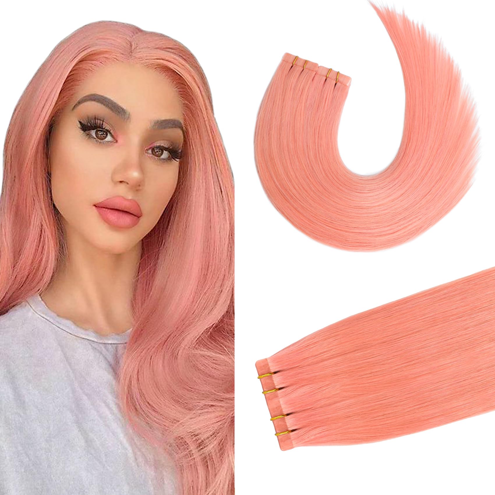 Tape in Hair Extensions Pink 100% Remy Human Hair Extensions Silky Straight for Fashion Women 20 Pcs/Package (14Inch #Pink 30g)