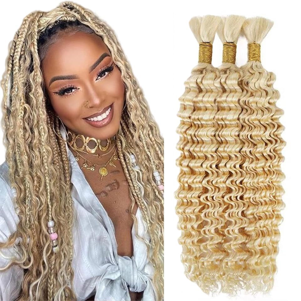 #613 Blonde Human Hair Braiding Hair For Boho Braids 16 16 16 Inch Honey Blonde Deep Wave Bulk Human Hair FuivJuix Unprocessed B
