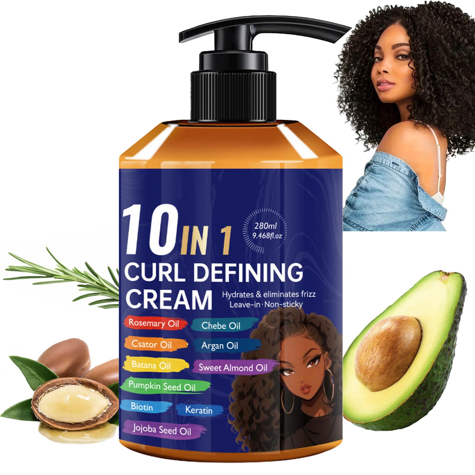 Curl Defining Cream 10 in 1 Argan Oil Curl Cream for Enhances Wavy Hair and Curly Hair, Anti Frizz Hydrating Hair Mask Curl Crea