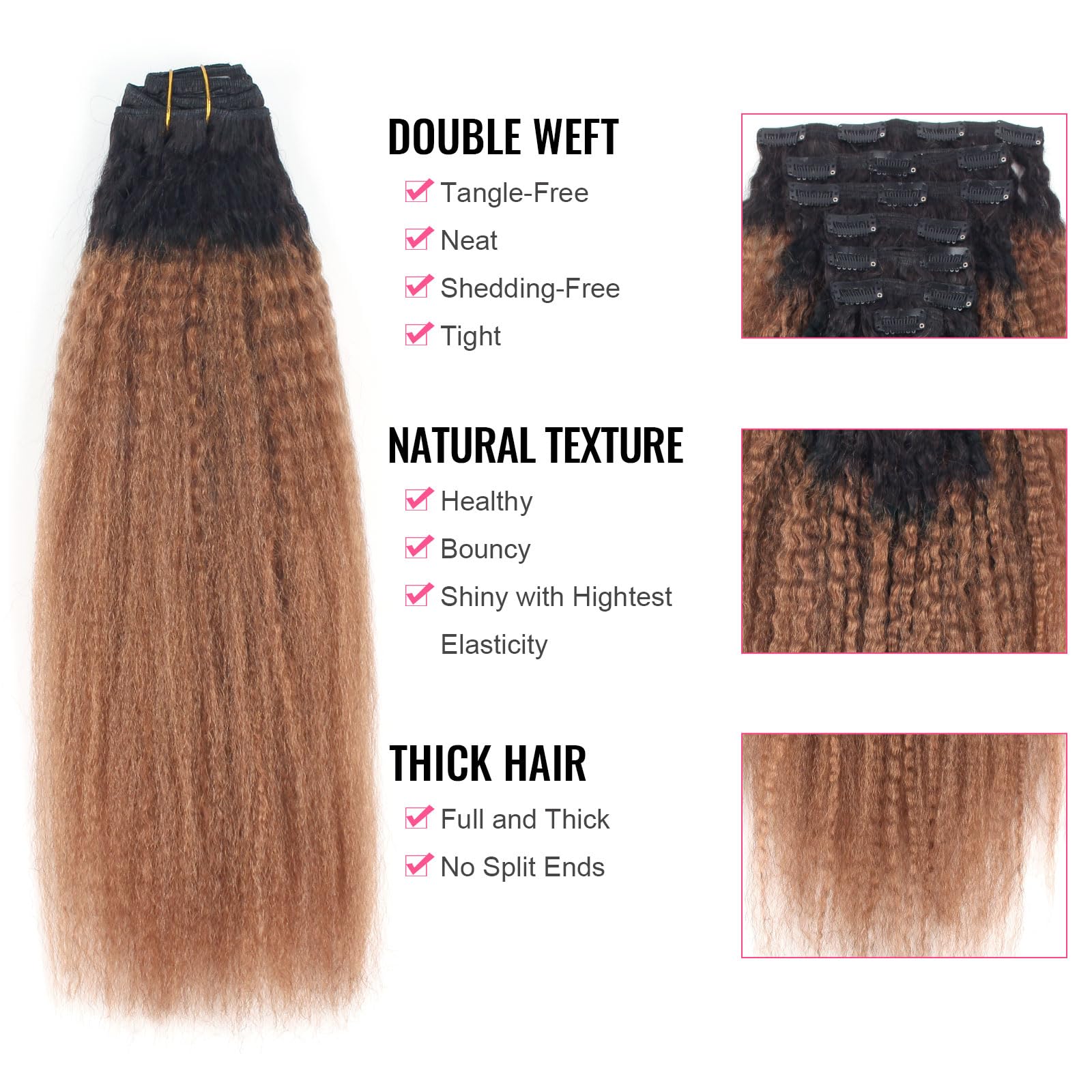 Amazingbeauty 8A Kinkys Straight Blow Out Ombre Remy Clip In Extensions Double Weft Real Remy Human Hair For Black Women, 120 Gr