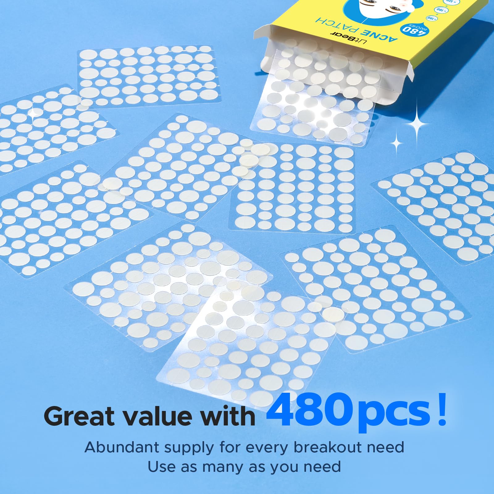 Litbear Pimple Patch Bulk, 480 Patches 3 Size Acne Patches For Face, Hydrocolloid Spot Stickers For Covering Zits, Blemishes, An