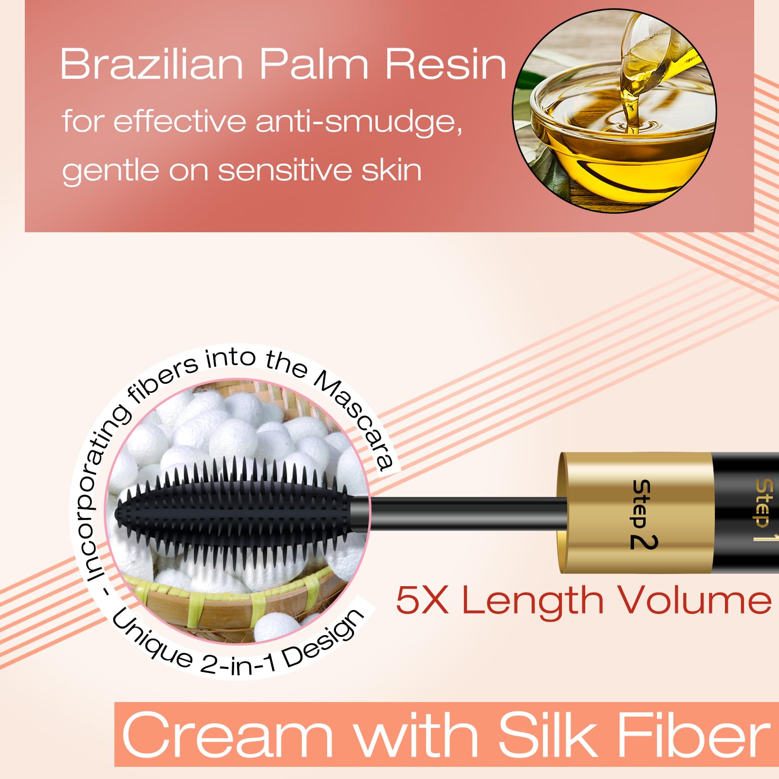 Mascara Volume And Length, 2 In 1 Waterproof Mascara Black, 2 Pack Falsies Voluminous Lengthening Smudge Proof 4D Silk Fiber Mas