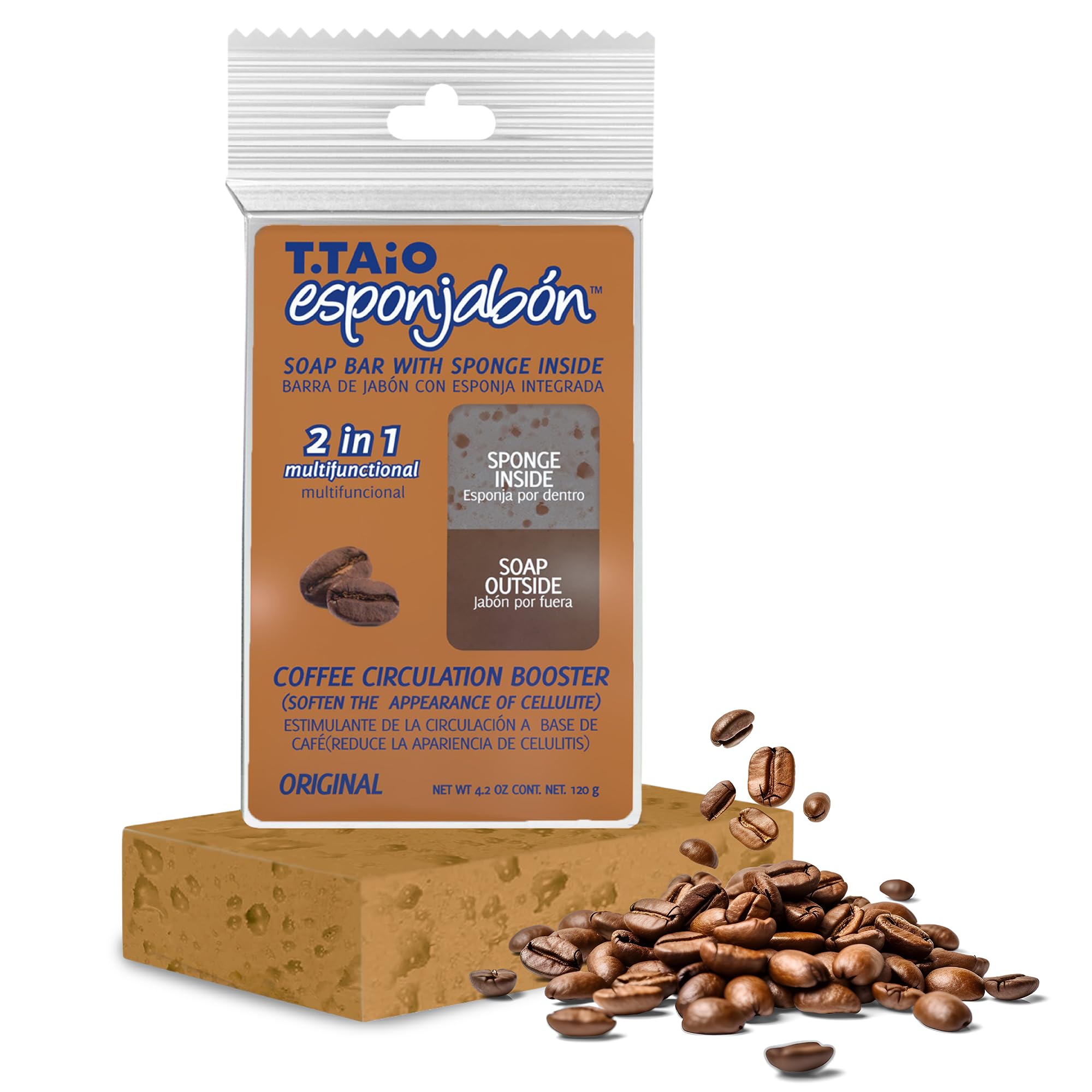 T.Taio Coffee Esponjabon Soap Sponge - Cleansing Shower Scrubber - Cleaning Bath Wash Scrub - Oil Removal - Massage & Lather Foo