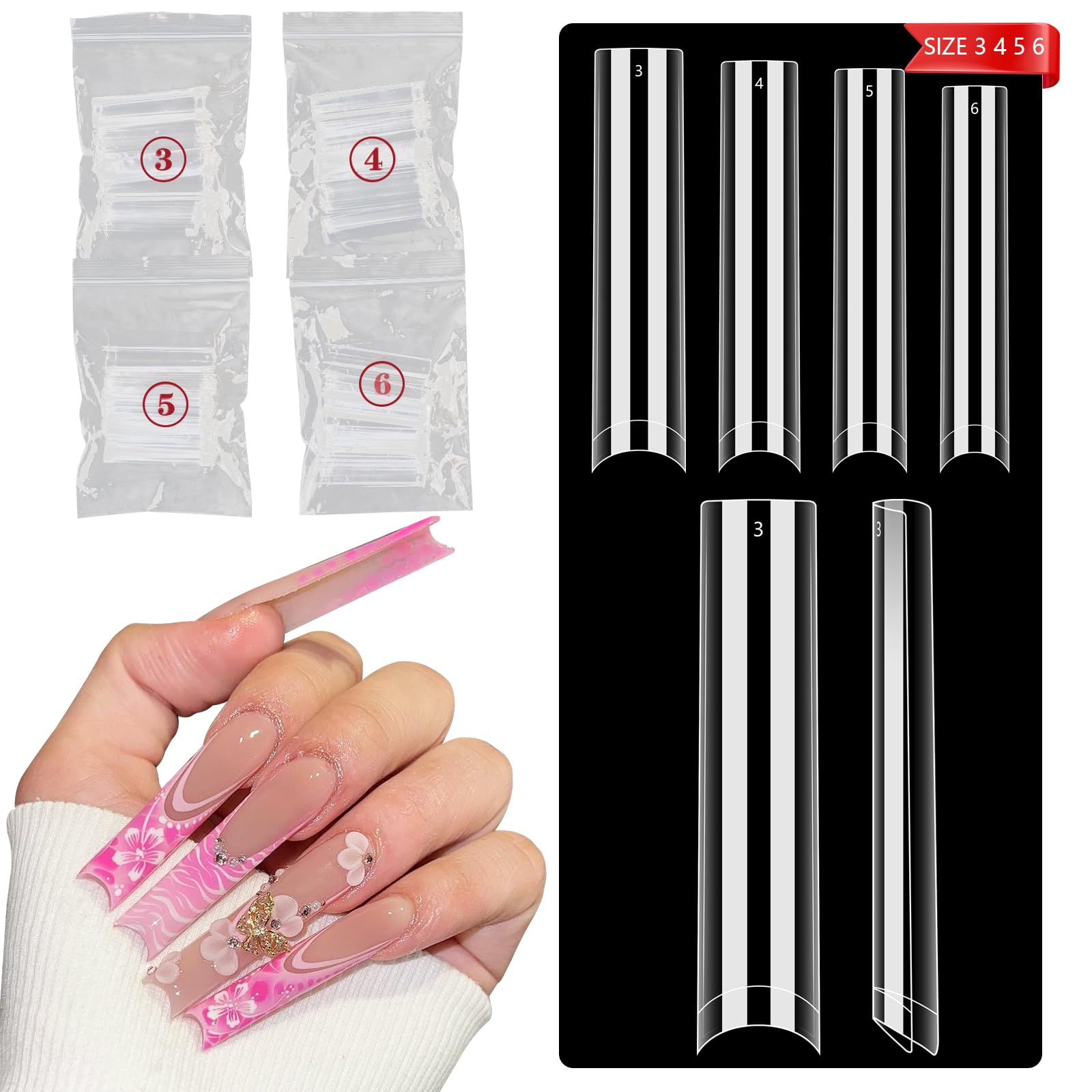 No C Curve Square Refill Nail Tips, 3Xl Long Clear Straight Tapered Square Gel Nail Tips, 200Pcs(Fixed Size No. 3.4.5.6 With Bag