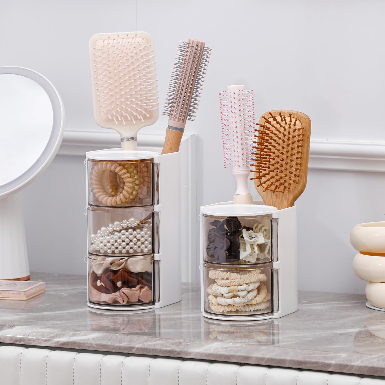 FABROK 2-Layer Clear Hair Accessories Organizer with Hair Brushes Holder, Rotatable Small Jewelry Box for Necklaces?Earring, Des
