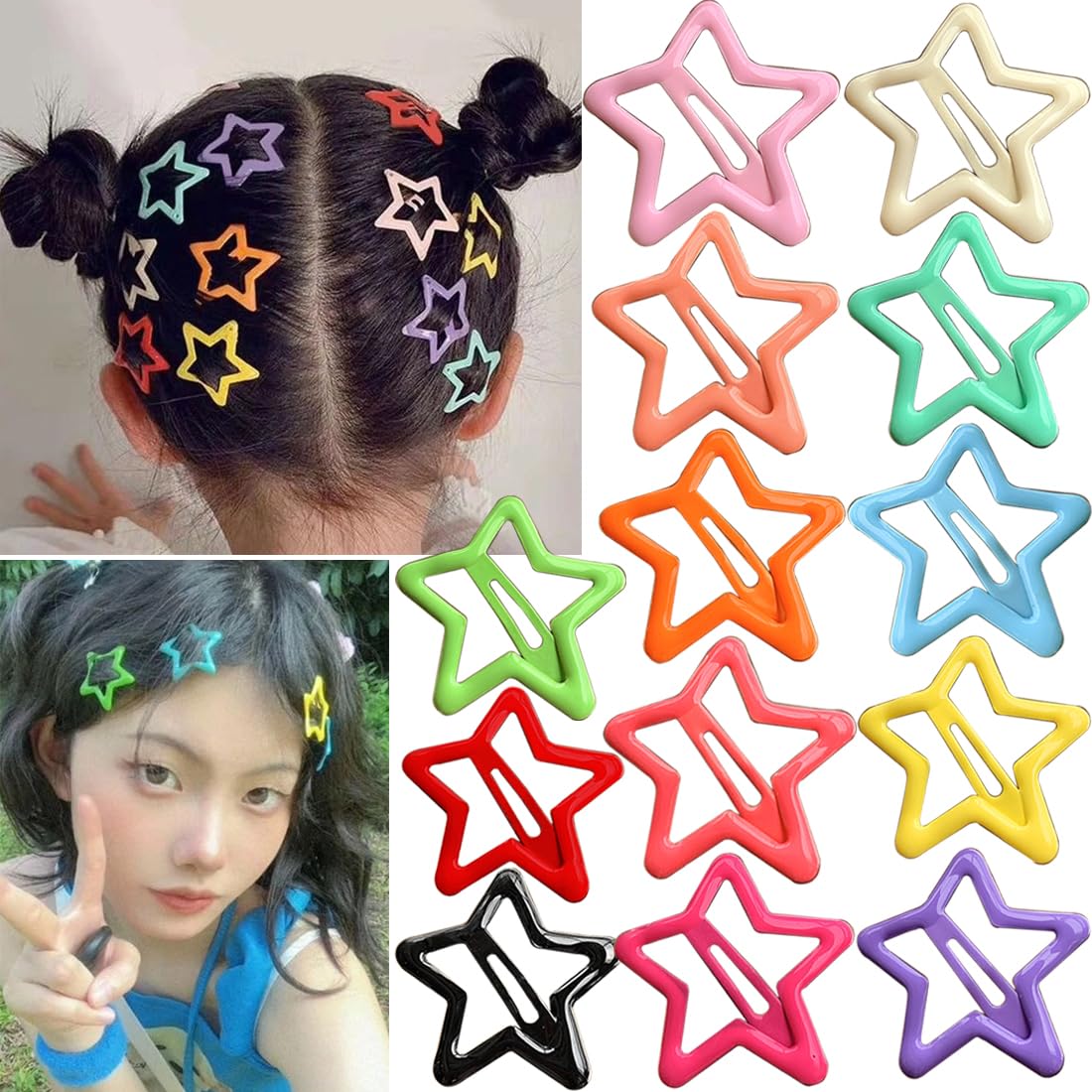 13 PCS 1.65'' Metal Hair Accessories - Snap Barrettes with Non-Slip Star Clips for Girls in Multiple Colors