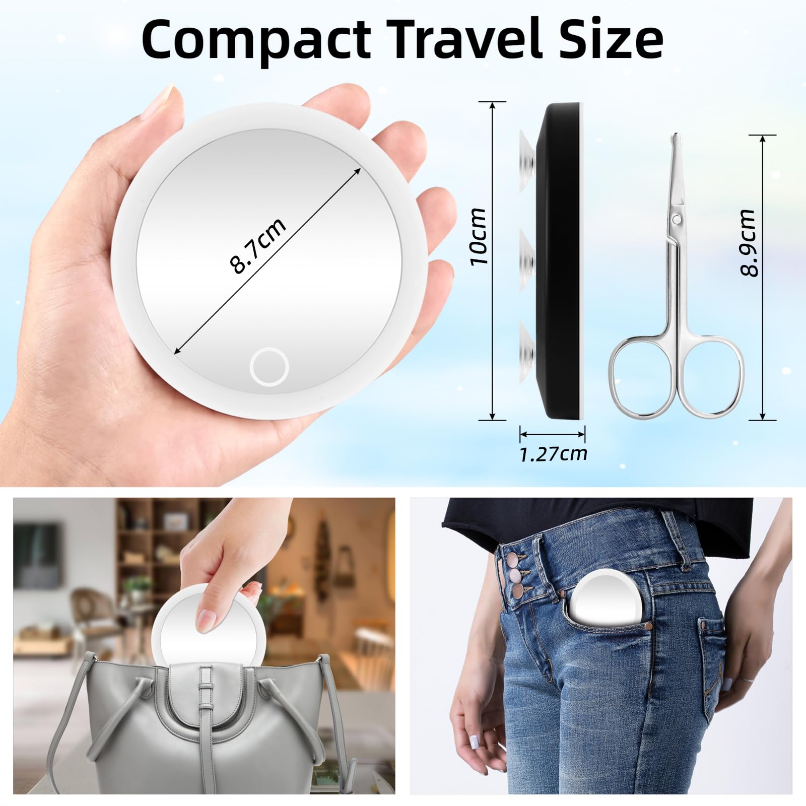 Suupvaor Magnifying Mirror with Light 10x, Small Travel Magnifying Mirror with Suction Cups, Rechargeable 4inch Lighted Dimming
