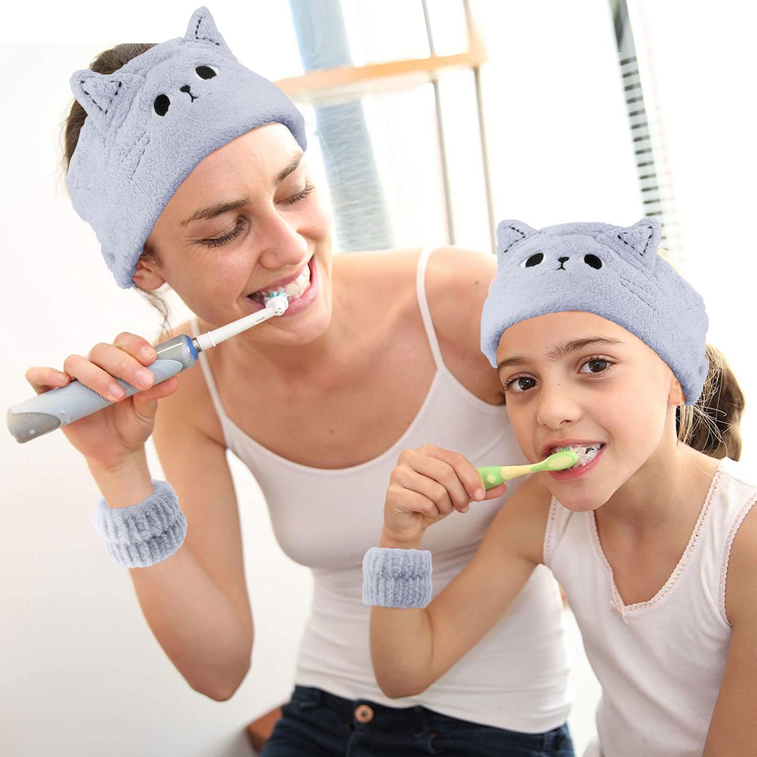 Atoden Cat Ears Spa Wristband Set - Cute Animal Makeup Headband & Skincare Headband for Washing Face - Elastic Face Wash Hair Ba