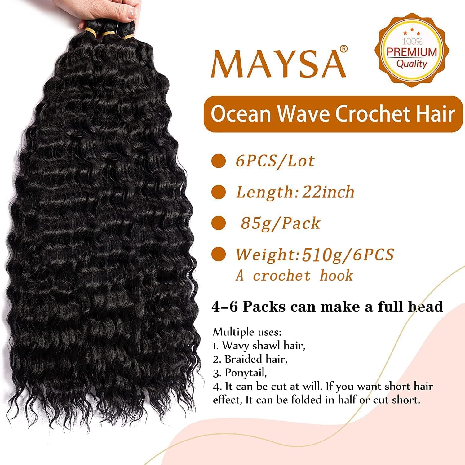 MAYSA Ocean Wave Crochet Hair Extension, 22 inch 6packs Curly Braiding Crochet Hair, Synthetic Crochet Hair Extensions for Women