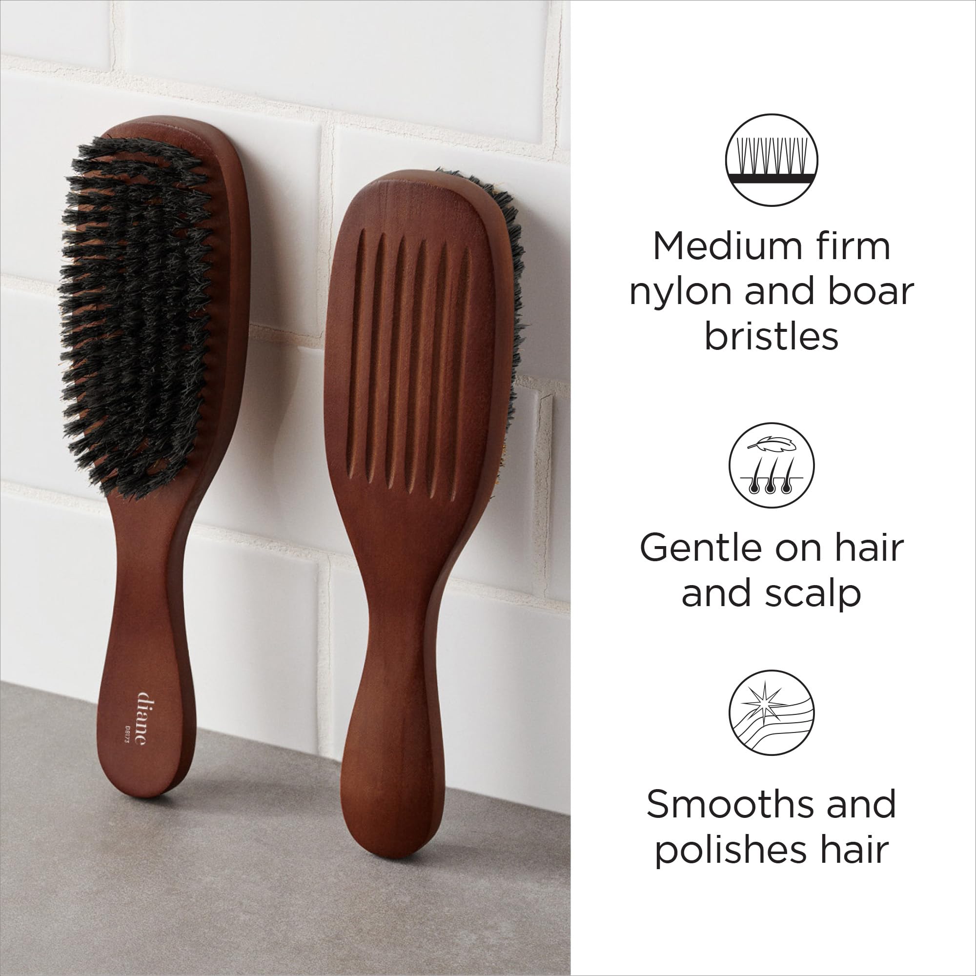 Diane Reinforced Boar Bristle Wave Brush for Men and Barbers - Medium Bristles for Thick and Curly Hair - Use for Detangling, Sm