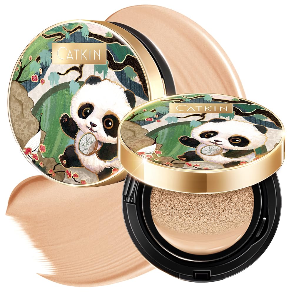 CATKIN Panda Land Full Coverage Cushion Fondation, Breathable Hydrating Nourishing Poreless Face Makeup Save for Sensitive Skin,