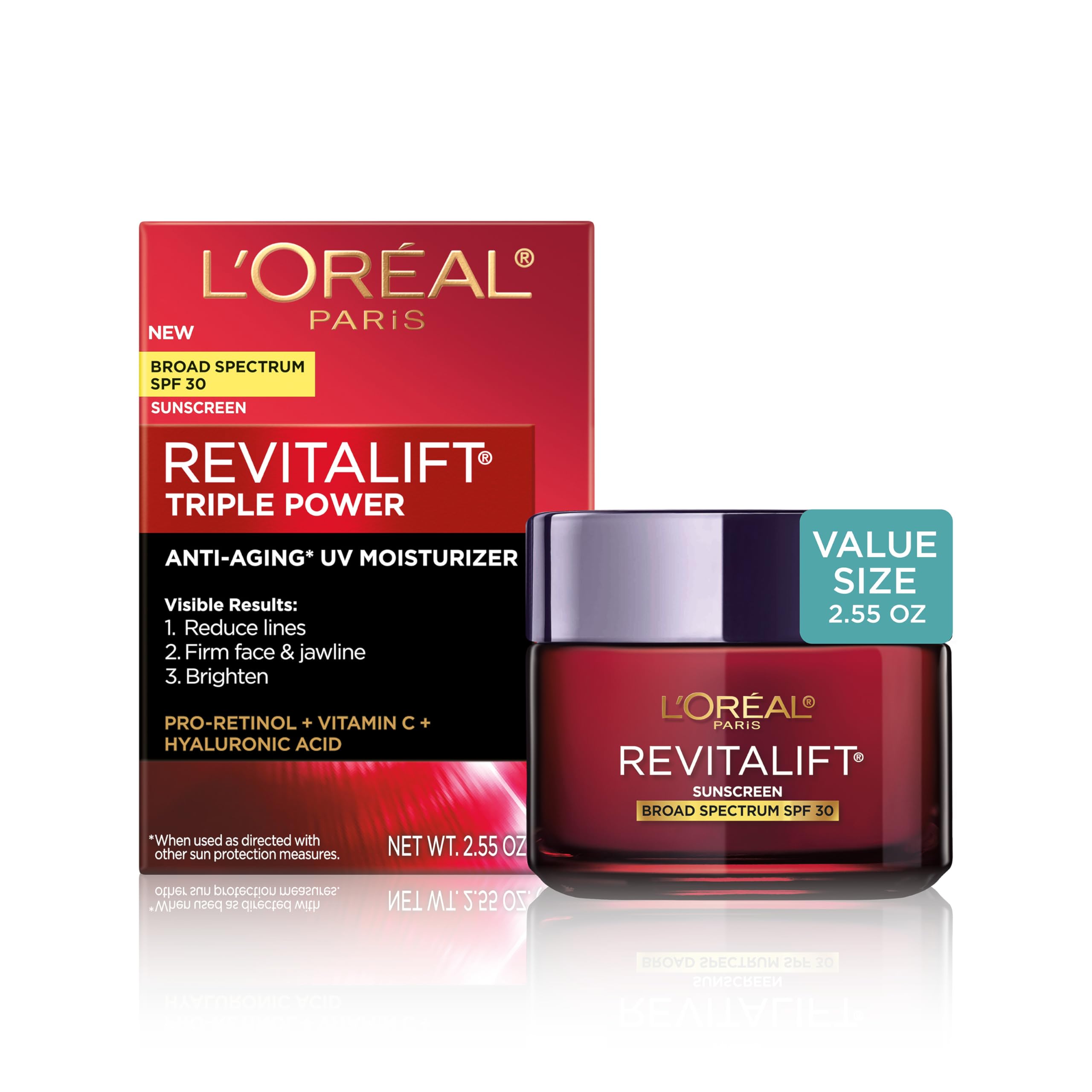 LOreal Paris Revitalift Triple Power Face and Neck Moisturizer, Anti Aging Face Cream with Broad Spectrum SPF 30, Pro-Retinol, 