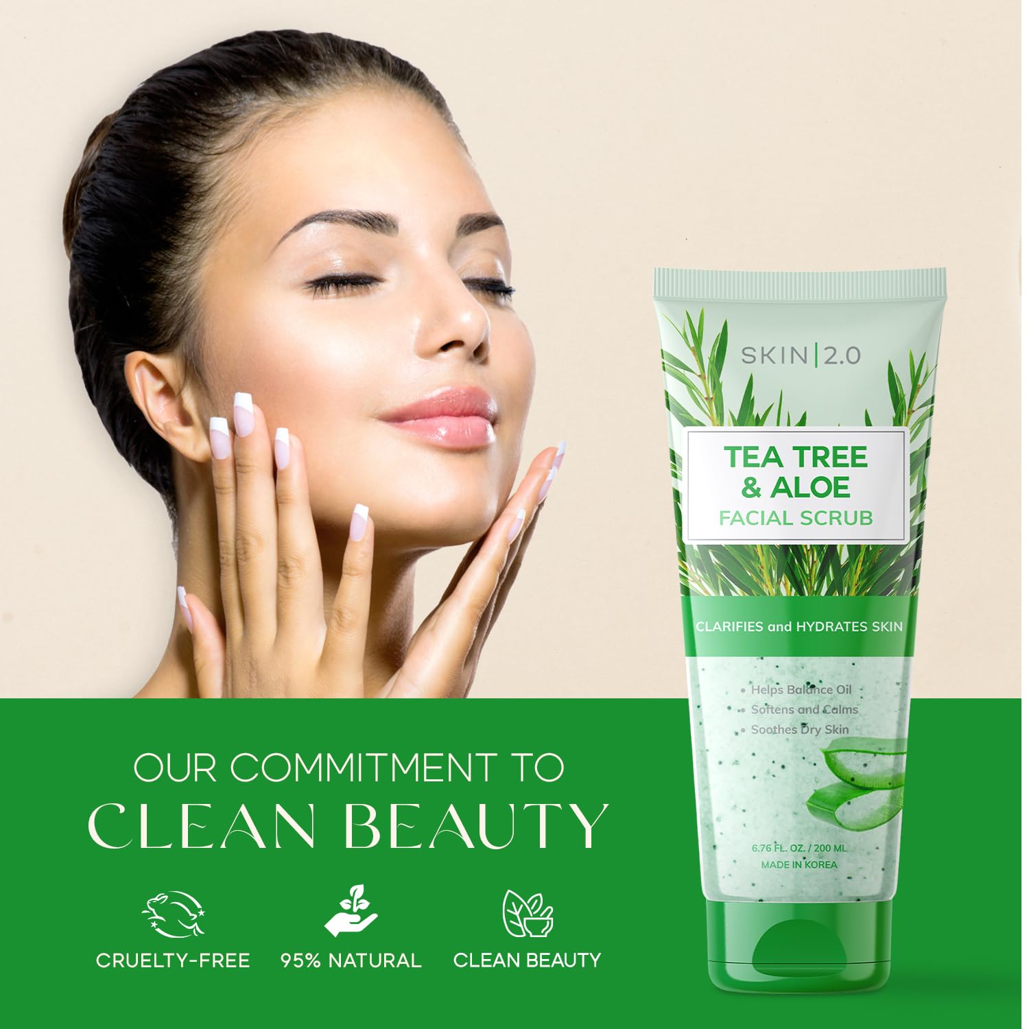 Skin 2.0 Tea Tree & Aloe Exfoliating Scrub 3Oz - Multi-Tasking Cleanser - Anti Aging Facial Scrub Treatment - Korean Naturally B